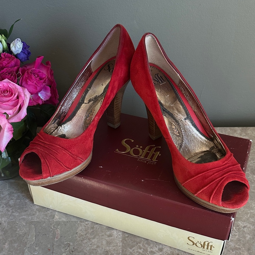 Sofft Red Suede Peep Toe Heels